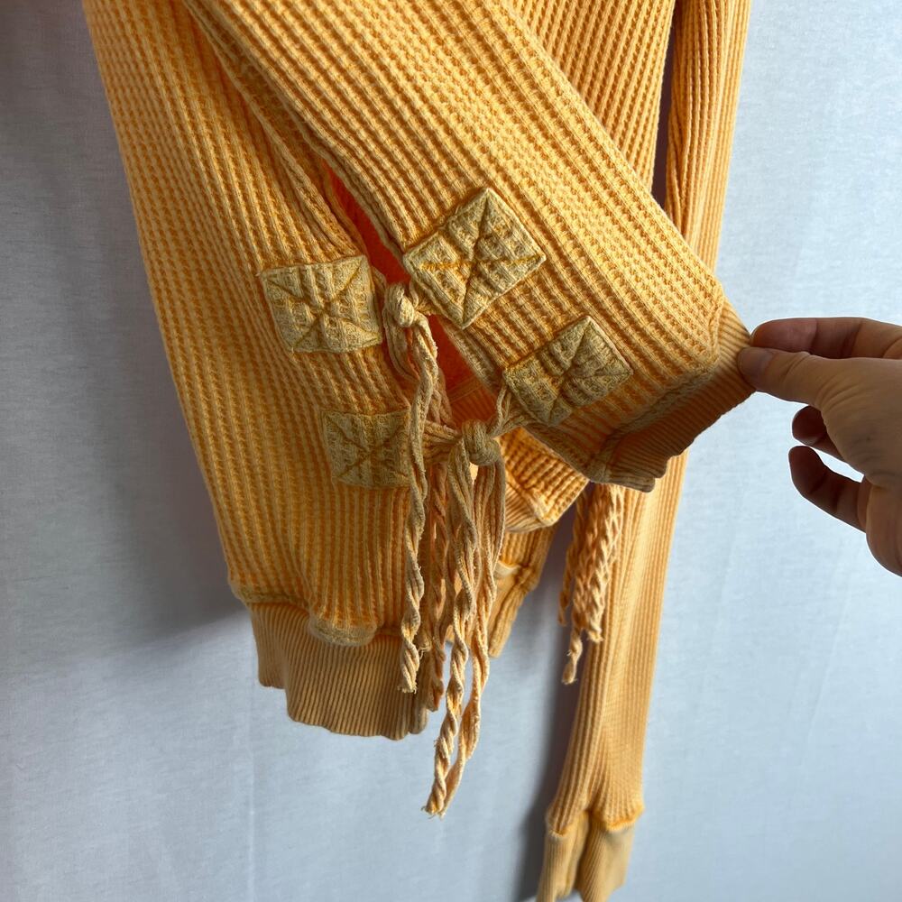 Free People One Top Cropped Interlaken Thermal Waffle Yellow Boho Lounge Cozy - Picture 6 of 8